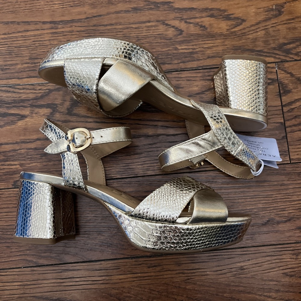 Aerosoles Cosmos Gold Soft Leather Platform Heels Women's 7.5 Metallic Snake - Picture 4 of 7